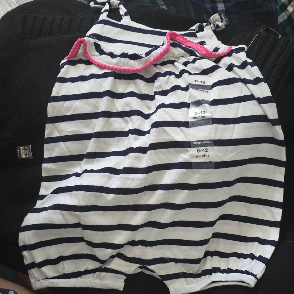 GAP Navy and White Striped Bodysuit with Pink Trim